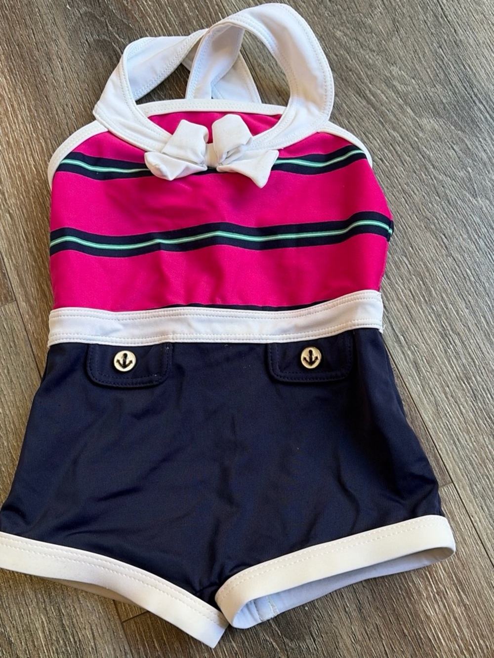 Janie and Jack Navy, Hot Pink and White One-Piece Swimsuit